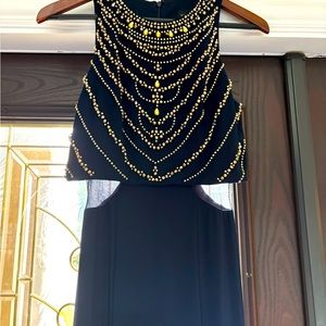 Xscape Gorgeous Navy Gown with Mesh side insert & Gold Beading